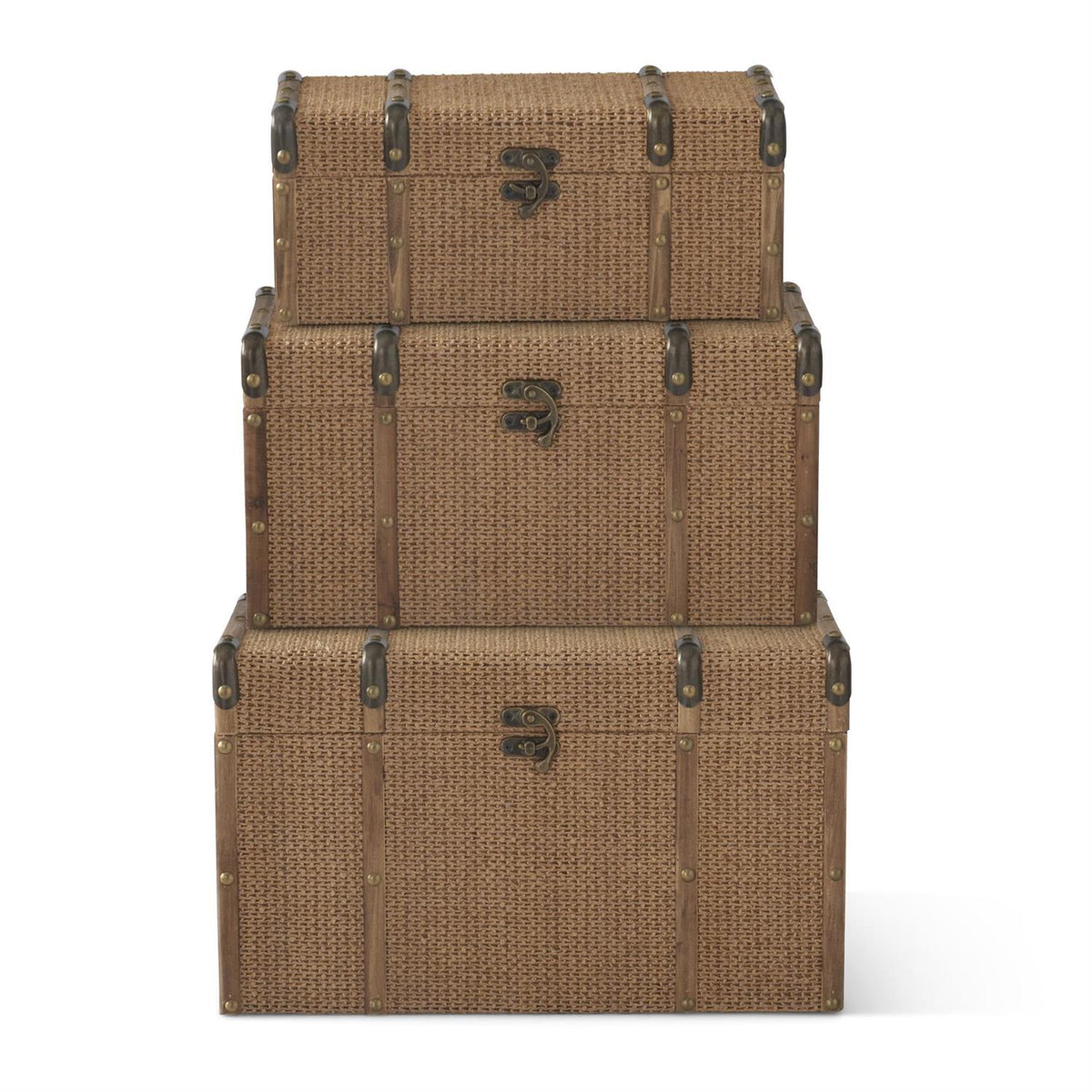 Three wooden nesting chests with natural woven jute panel fronts, displayed stacked together