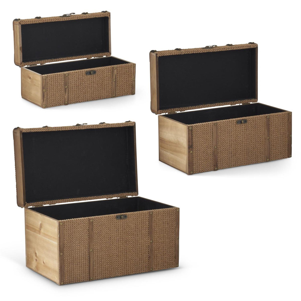 Three natural wood nesting chests with woven jute front panels in graduating sizes