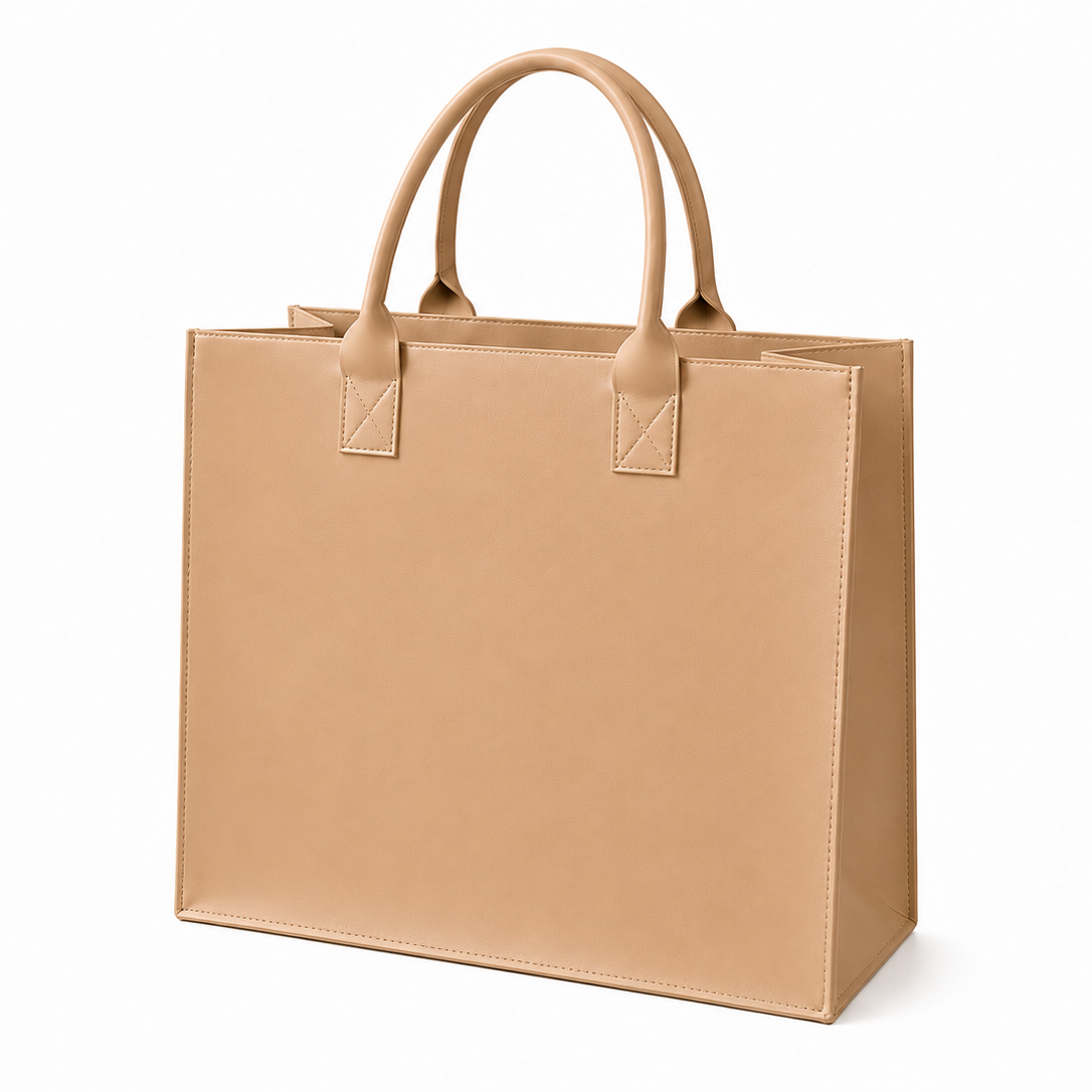 Brown leather tote bag with dual handles and structured silhouette