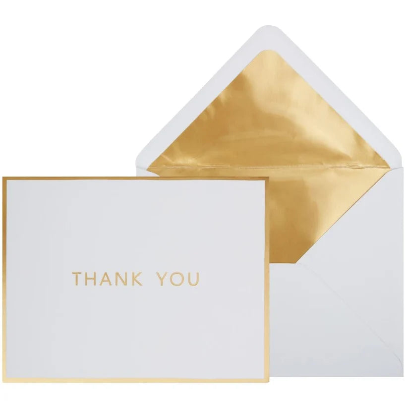 Thank you card box with decorative gold lettering and elegant white packaging design