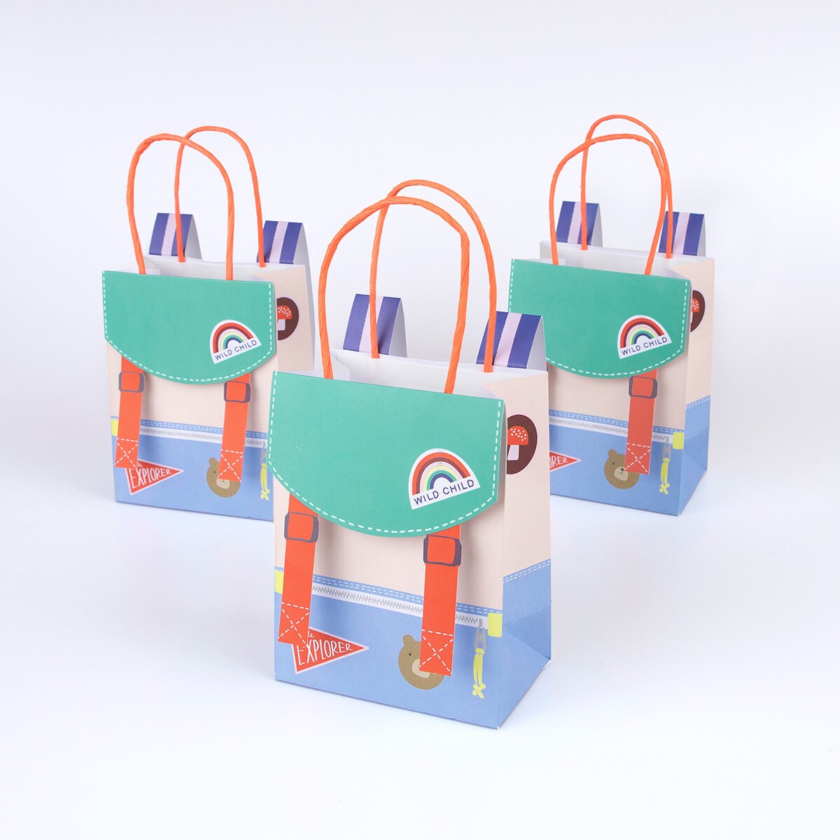 Colorful backpack party bags filled with assorted toys and treats for celebrations