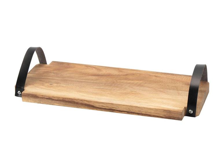 Wooden serving tray with beige cushioned PU leather handles on sides
