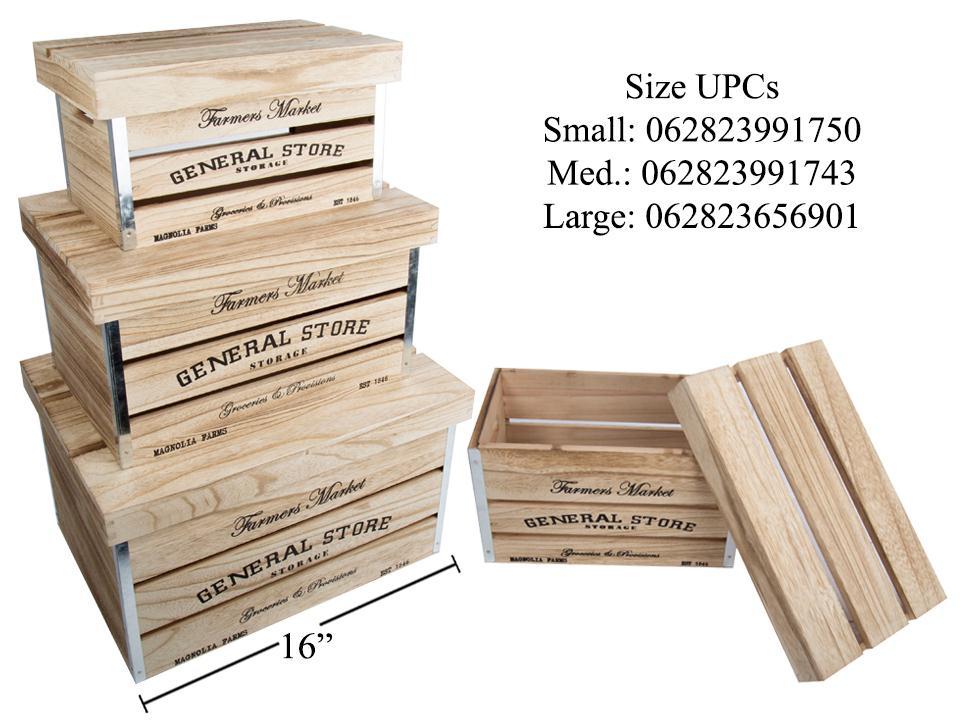 Rustic wooden storage crate with natural finish and rope handles for farmhouse storage