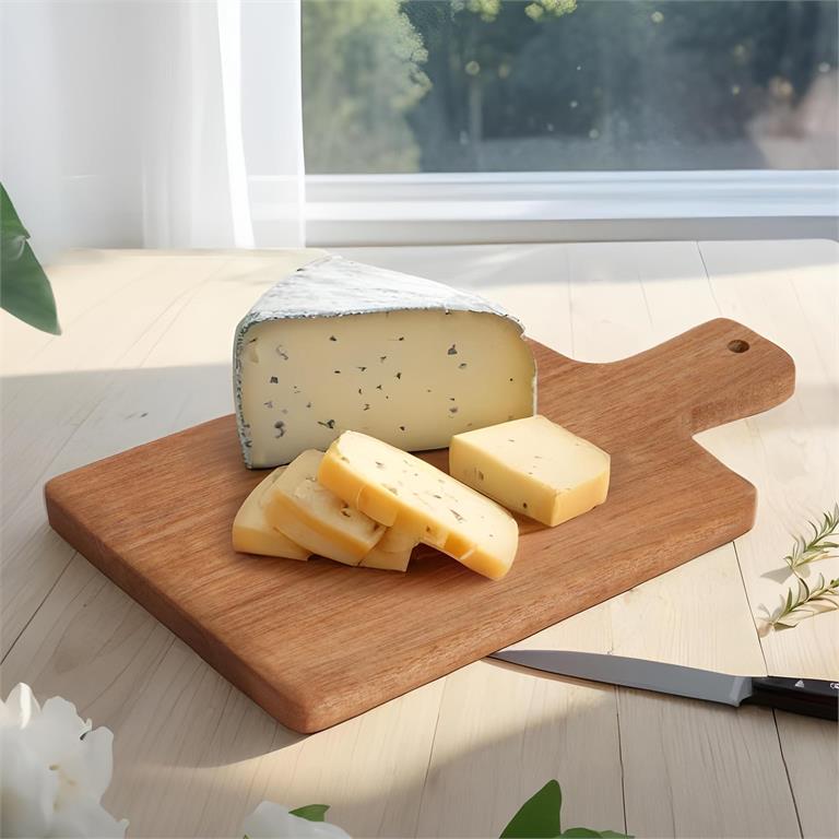 Wooden serving board in natural acacia wood with rounded edges, displayed empty and ready for appetizers or charcuterie