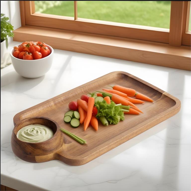 Wooden serving tray made from natural acacia wood with single dip compartment for appetizers and condiments