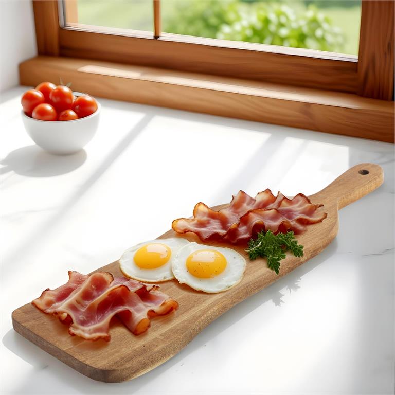 Wooden serving tray in light acacia wood with handles, perfect for entertaining and food presentation