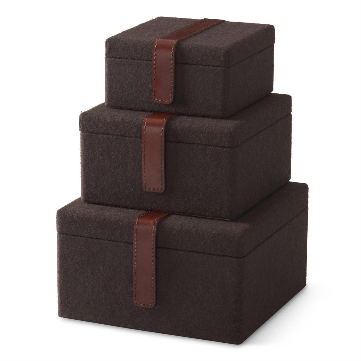Brown felt gift boxes with ribbon bows arranged in a stack, perfect for packaging presents