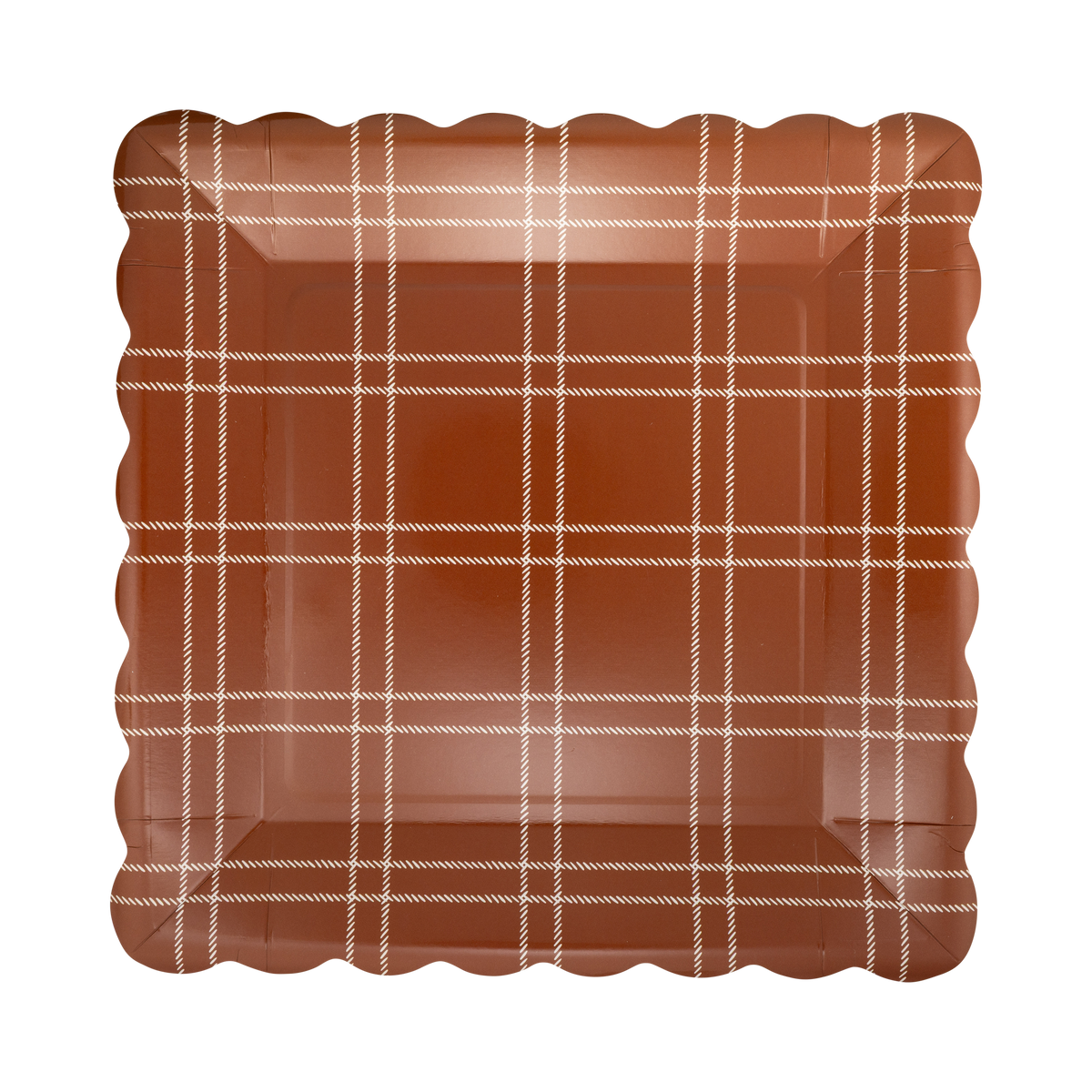Deep brown windowpane patterned paper plates in a stack