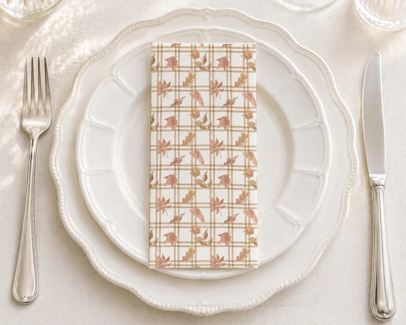Autumn Gingham paper napkins with orange and cream checkered pattern stacked together