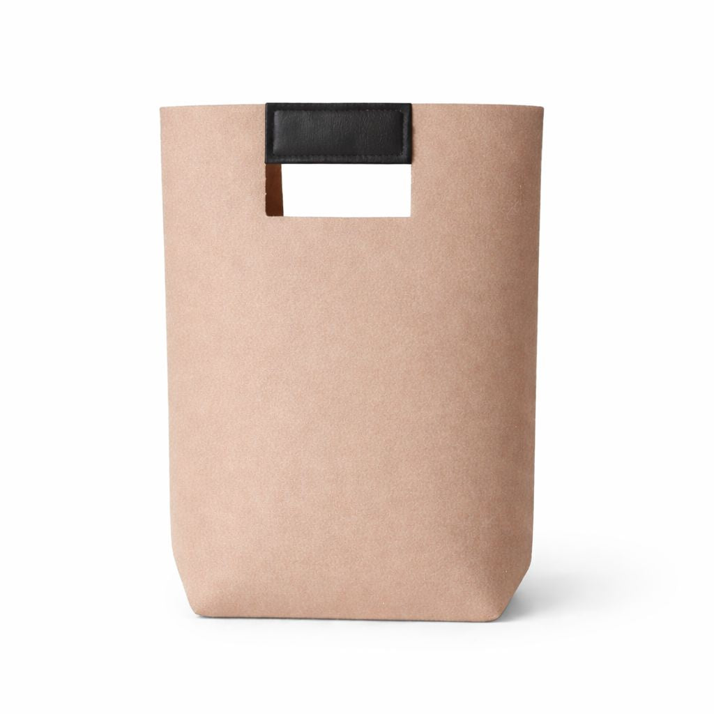 Beige felt gift bag with brown leather handle and drawstring closure