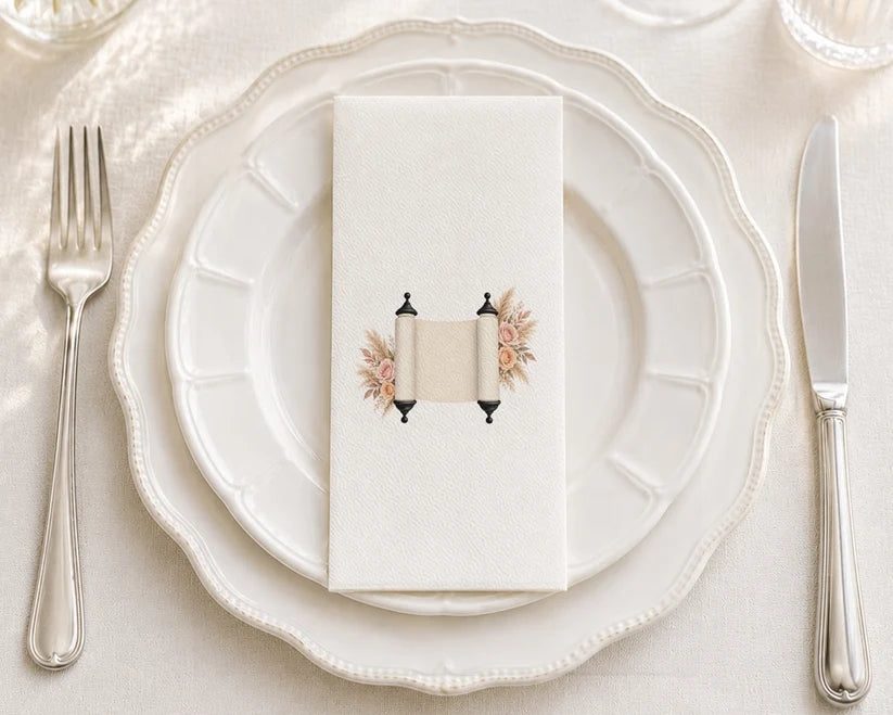 Boho Torah Floral paper napkins with intricate geometric and floral patterns in warm earth tones