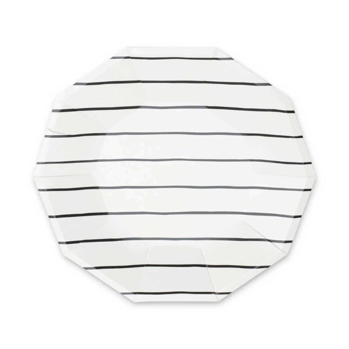 Ink Frenchie striped large plates with navy and white stripes and French bulldog design