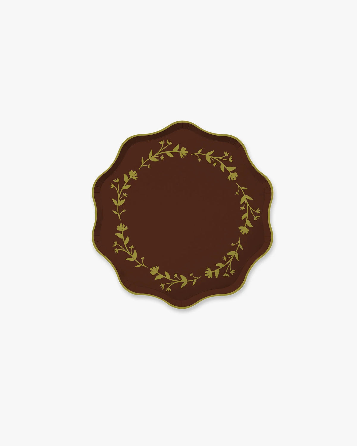 Garland chocolate paper plates with delicate floral border design, stacked and ready for serving