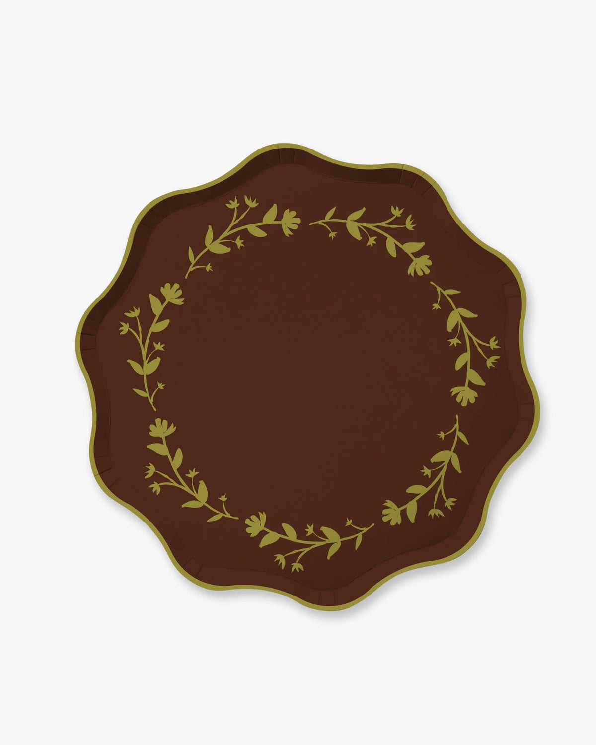 Chocolate brown paper plates with delicate gold garland design, disposable dinnerware set