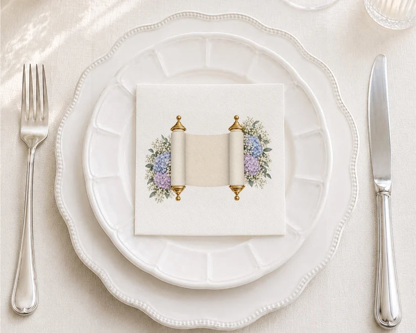 Paper napkin featuring blue hydrangea flowers with Torah text design
