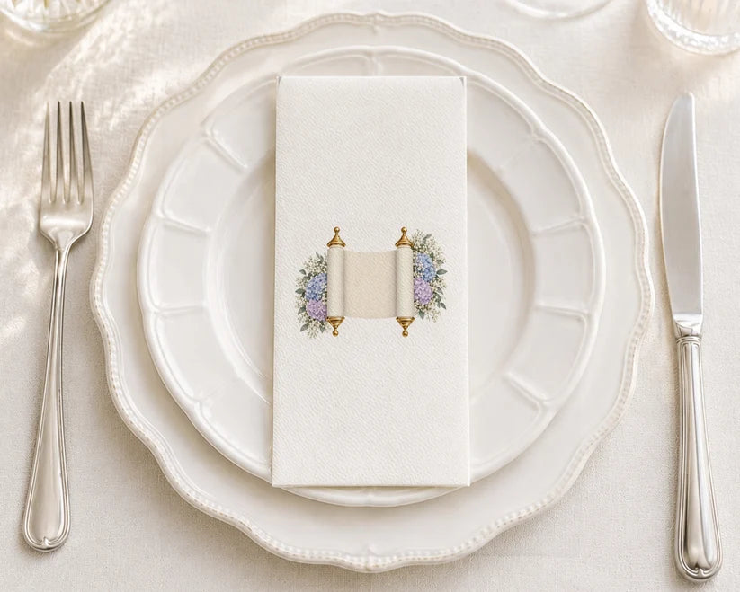 Paper napkins with blue hydrangea flowers and Torah text design for Shabbat entertaining