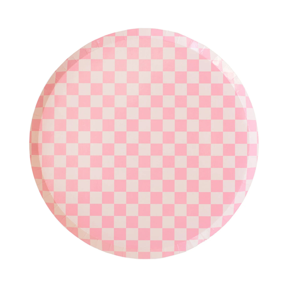Check It! Tickle Me Pink dinner plates with white checkered pattern design