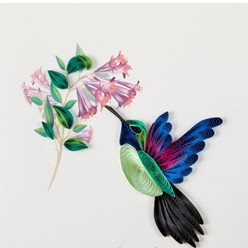 Colorful hummingbird greeting card with vibrant floral design and elegant typography