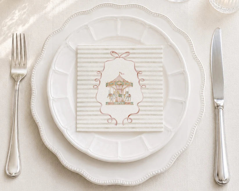 Watercolor carousel design on white paper napkins, featuring colorful painted horses and festive details