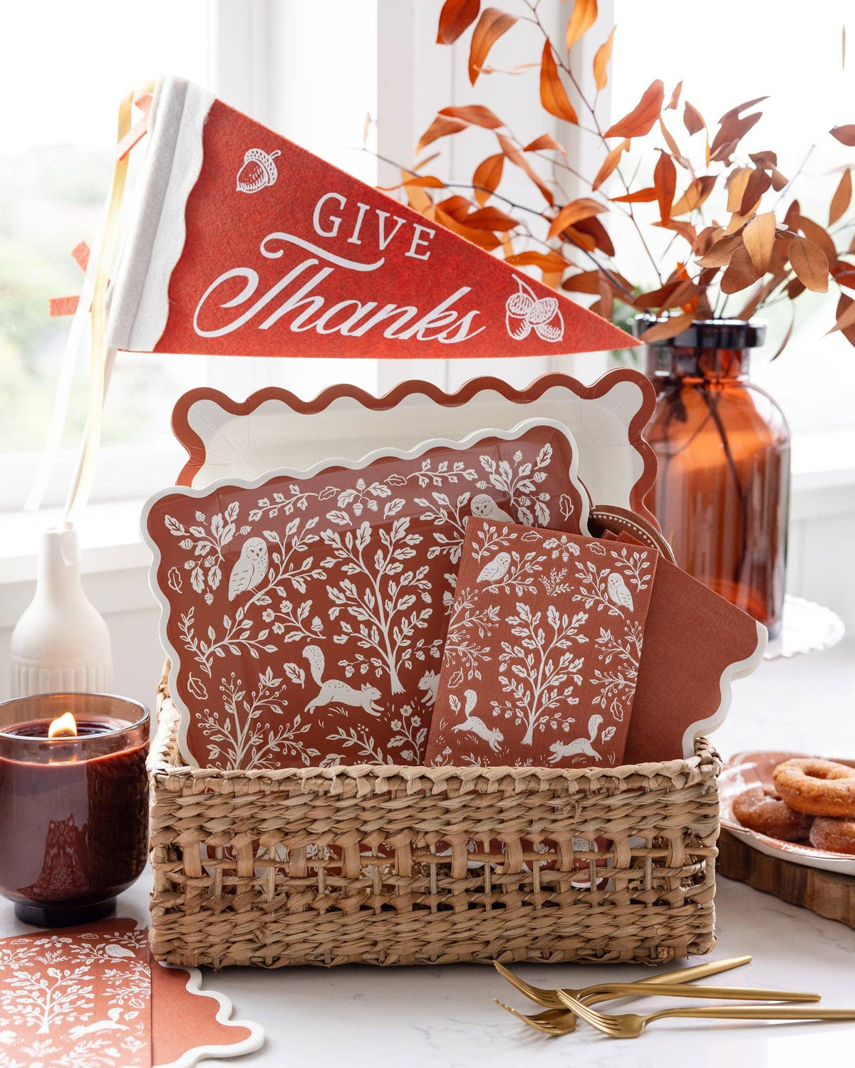 Rust-colored Ric Rac paper plates with decorative zigzag trim, perfect for festive gatherings and parties