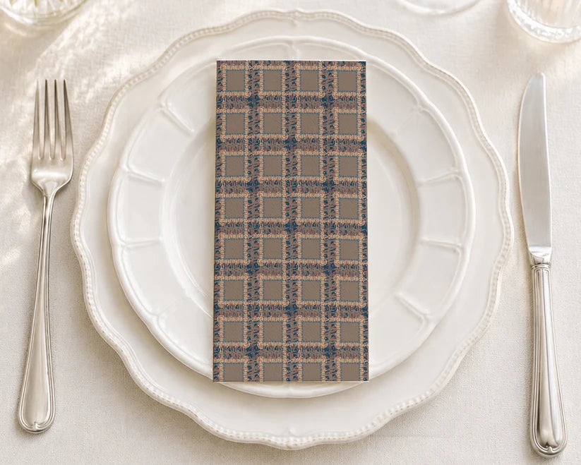 Fringe Plaid Taupe paper napkin with woven checkered pattern and decorative fringe edges