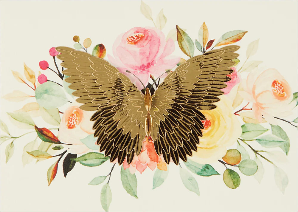 Gold butterfly perched on colorful flowers card design