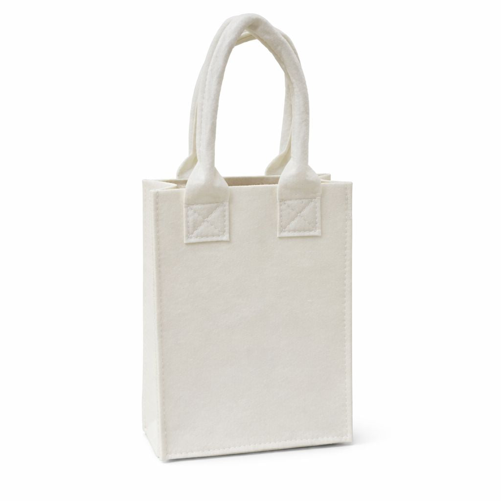 White felt bag with black handles, front view