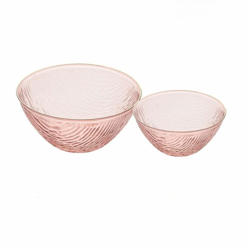 Two pink glass bowls with textured design