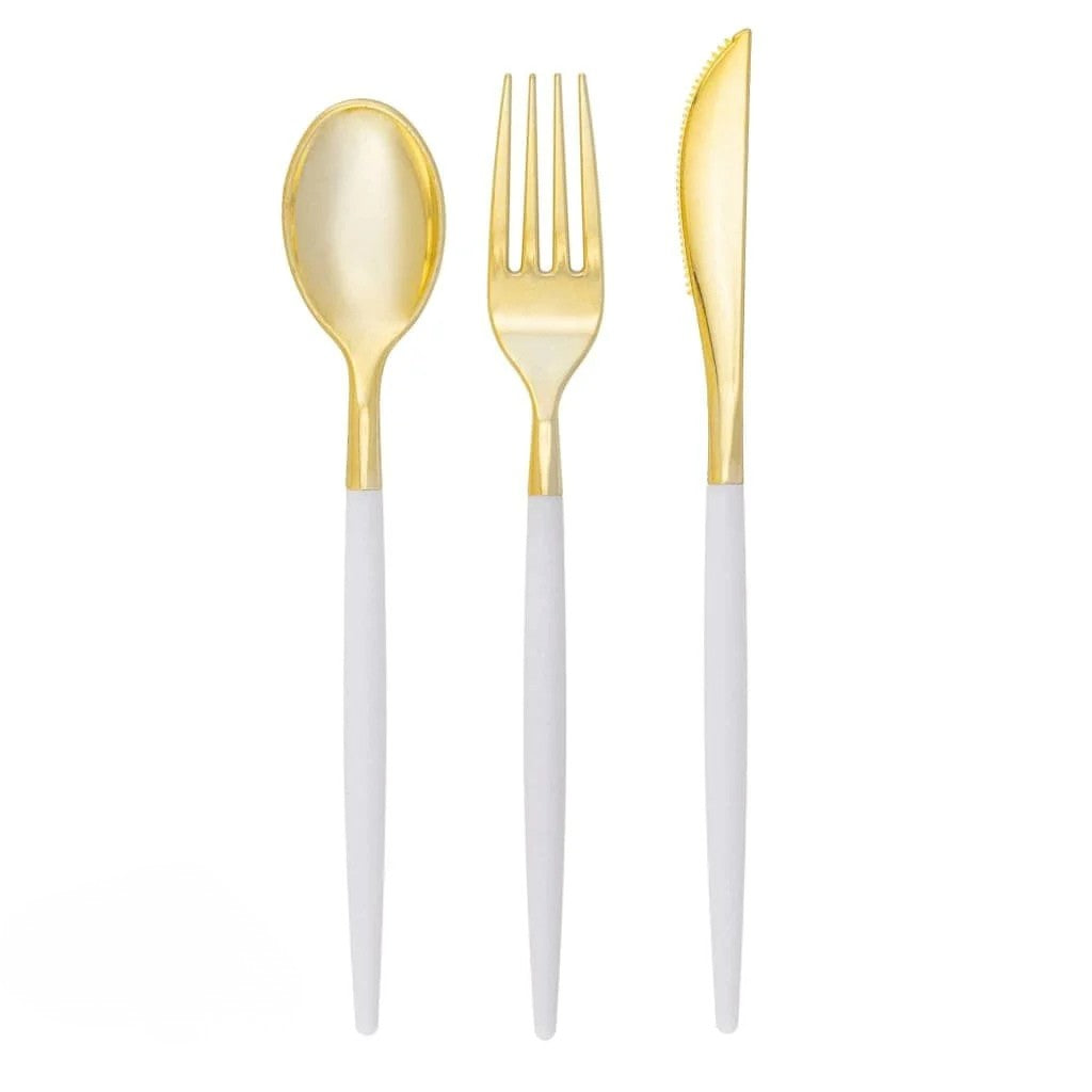 Gold and white cutlery set from le fete's quality plastic flatware collection
