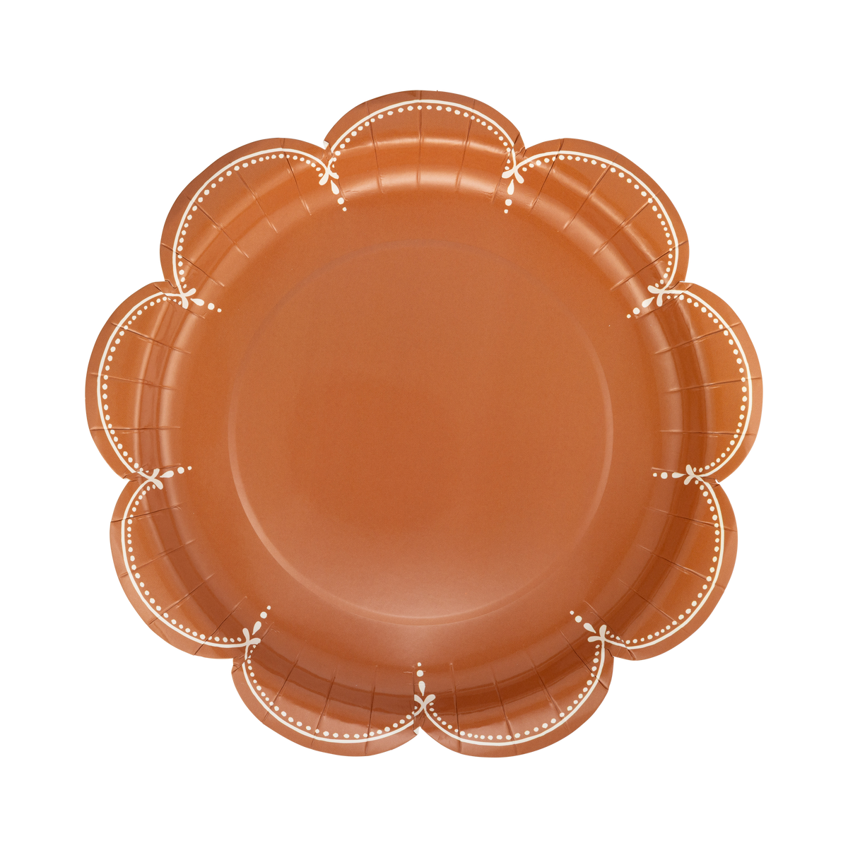 Scalloped Rust Paper Plates WDT1341 in stack with decorative wavy edges