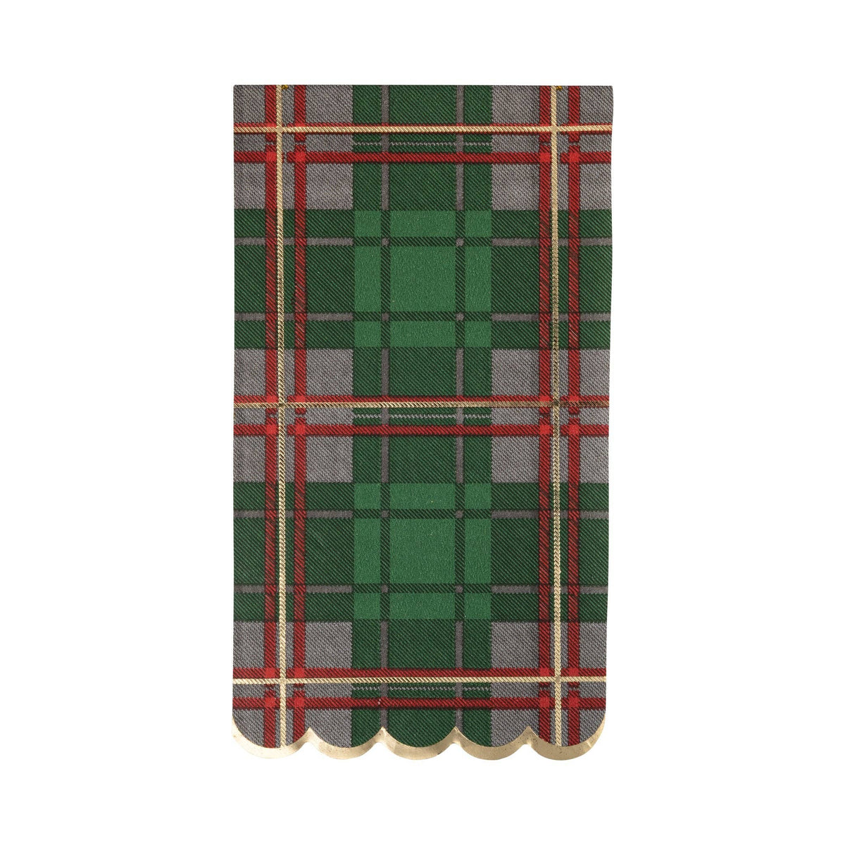 Green plaid paper dinner napkins arranged in a stack, 18 per pack