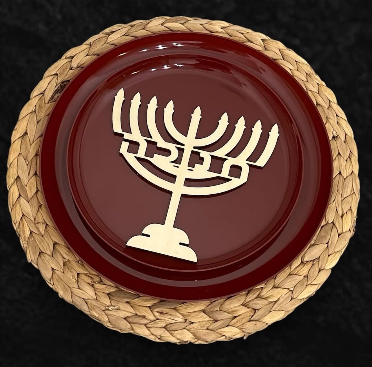 Wooden menorah plate insert with traditional nine-branch candle holder design