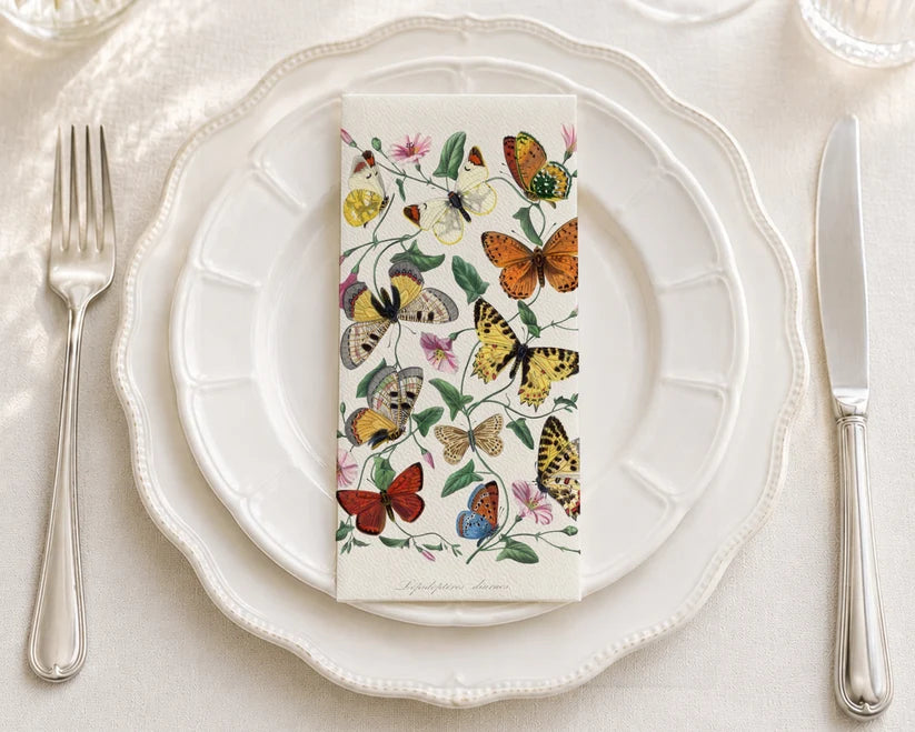Butterfly and moth painting design on white paper napkins, set of decorative table napkins
