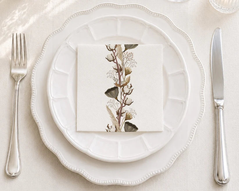 Dried flower bundle paper napkin with natural brown stems and petals