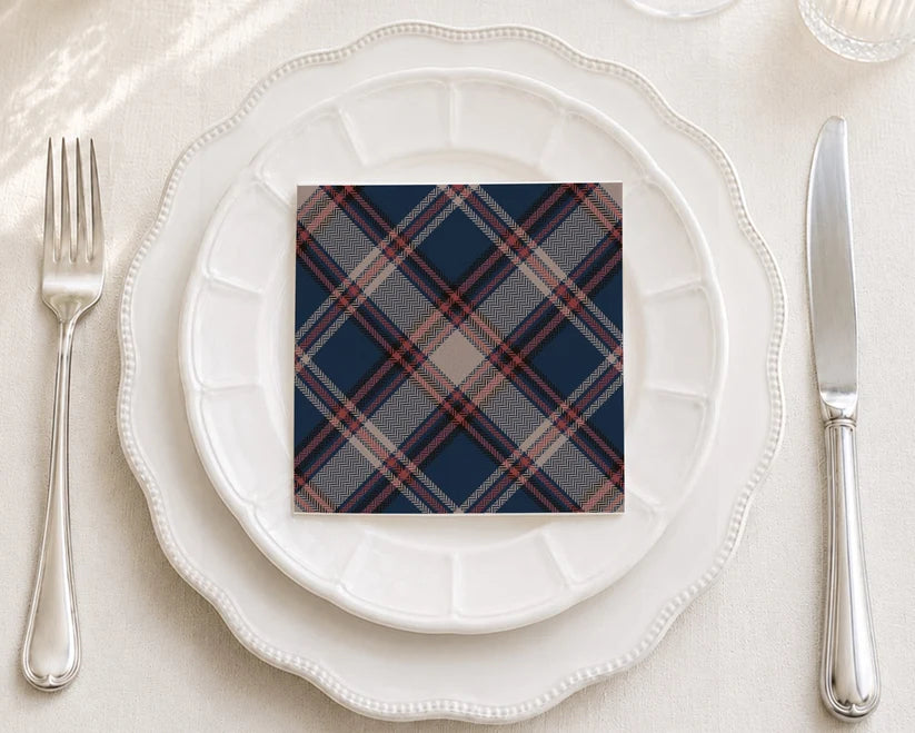 Navy plaid paper napkin with classic checkered pattern design