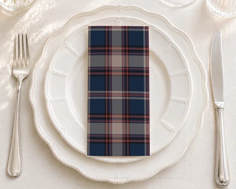 Navy plaid paper napkin with classic checkered pattern design