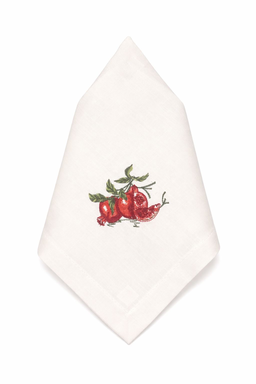 Pomegranate embroidered cloth napkin with detailed red fruit design on natural fabric