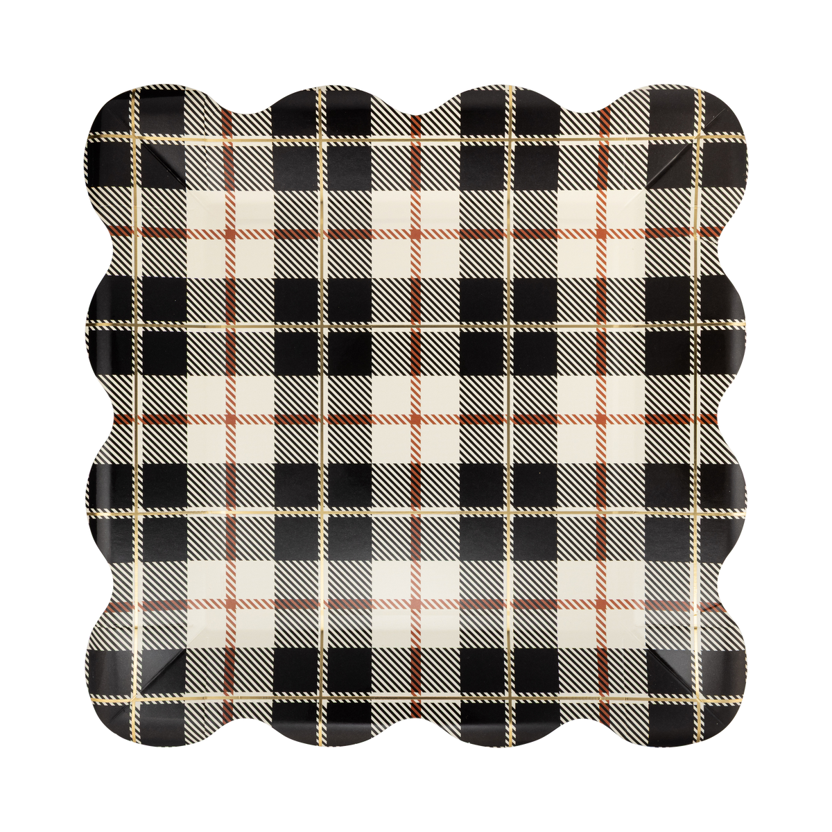 Black fall plaid ceramic dinner plate with classic tartan pattern and 10-inch diameter