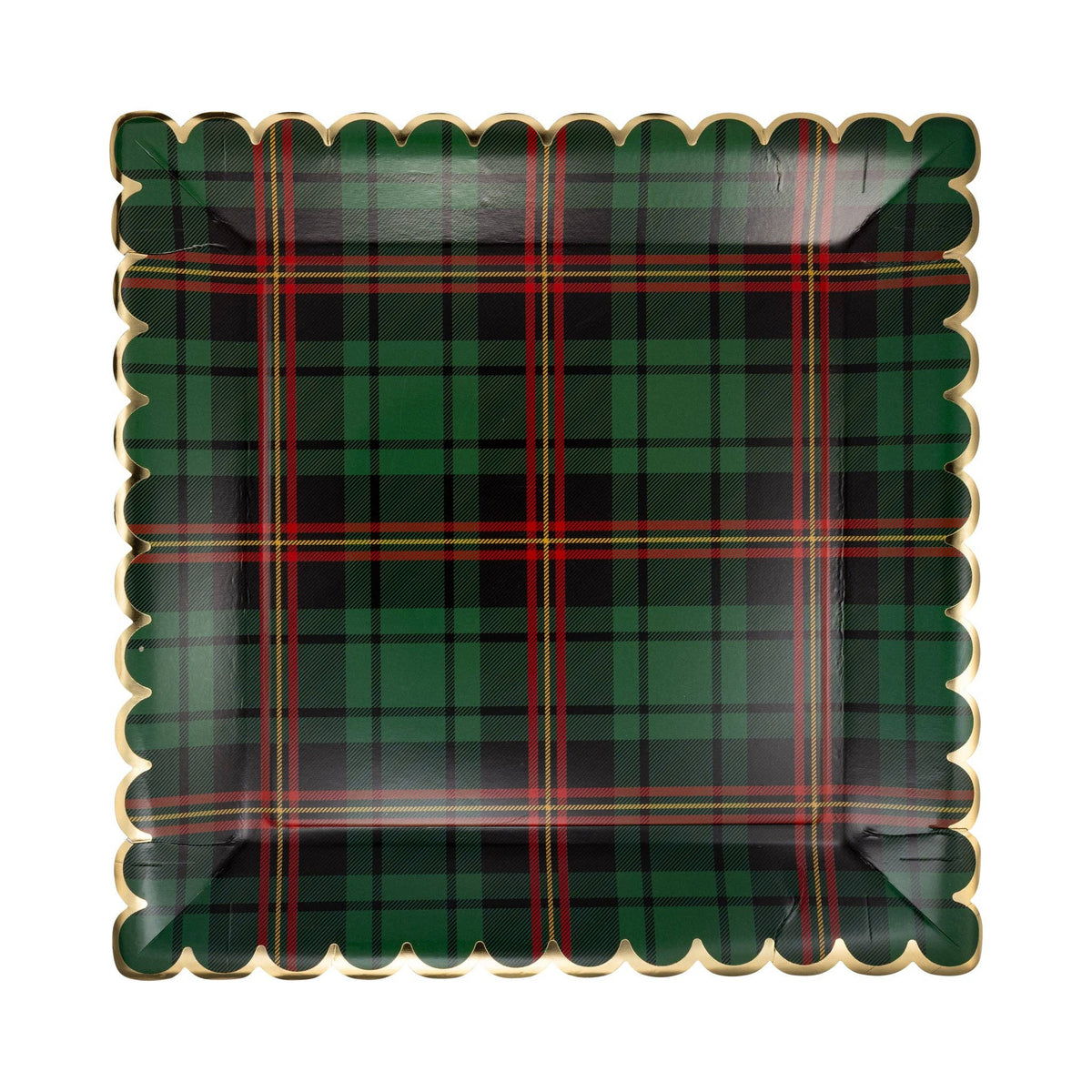 Green plaid Christmas dinner plates with festive holiday pattern, set of square 10-inch plates