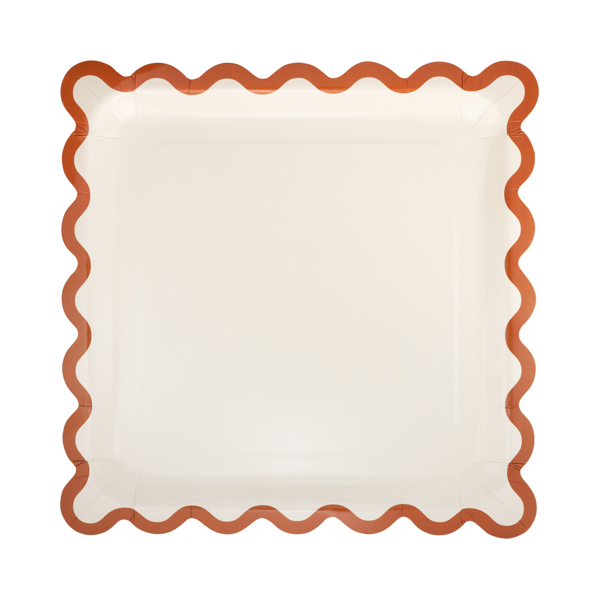 Rust Ric Rac Paper Plates in stack displaying decorative wavy trim design
