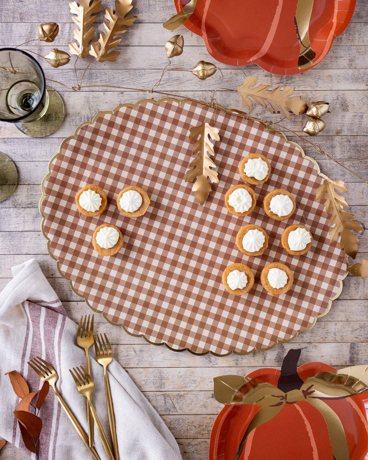 Brown gingham gold scalloped paper serving platters set of six for fall entertaining