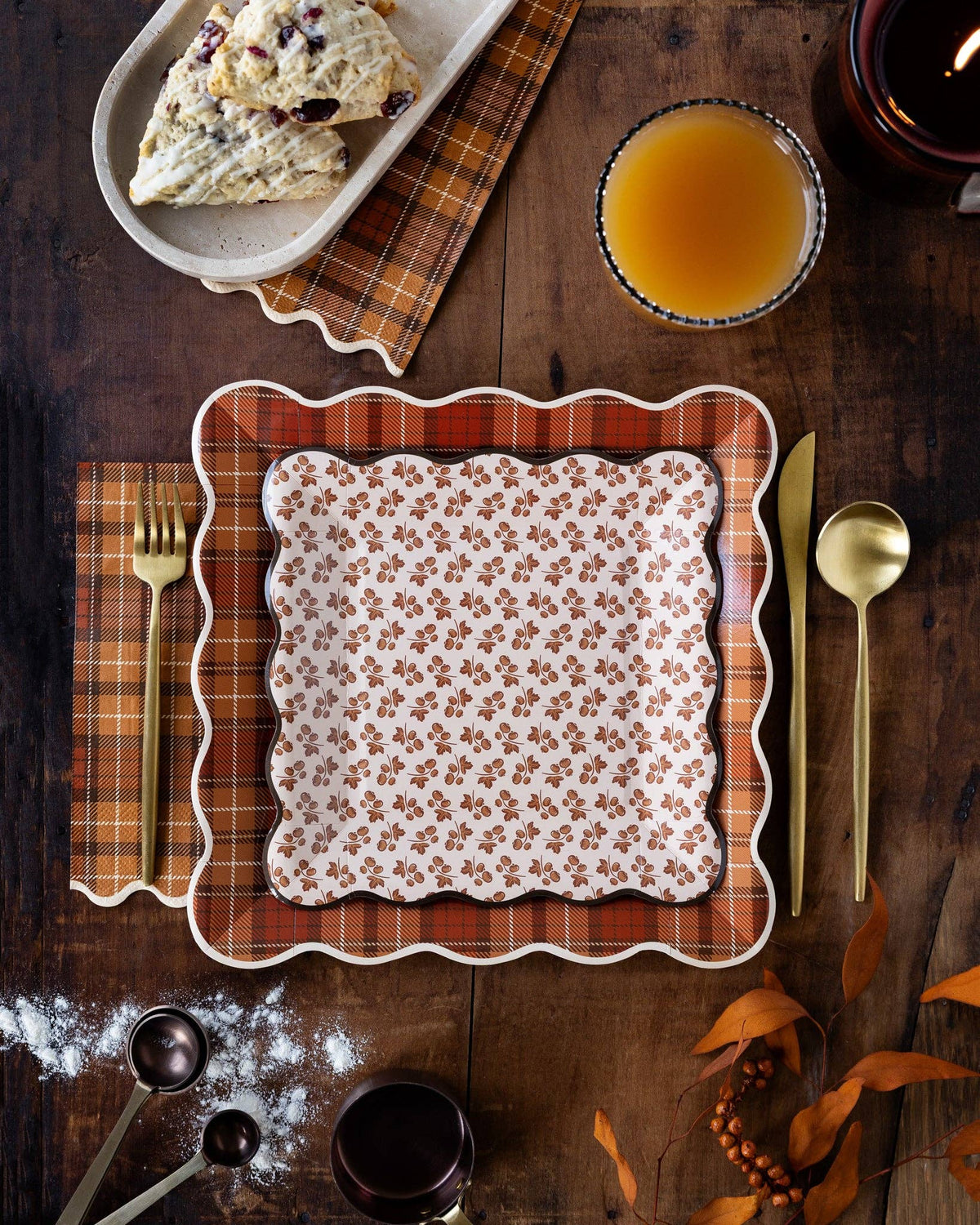 Autumn plaid patterned paper dinner napkins folded in stack of 24 pack