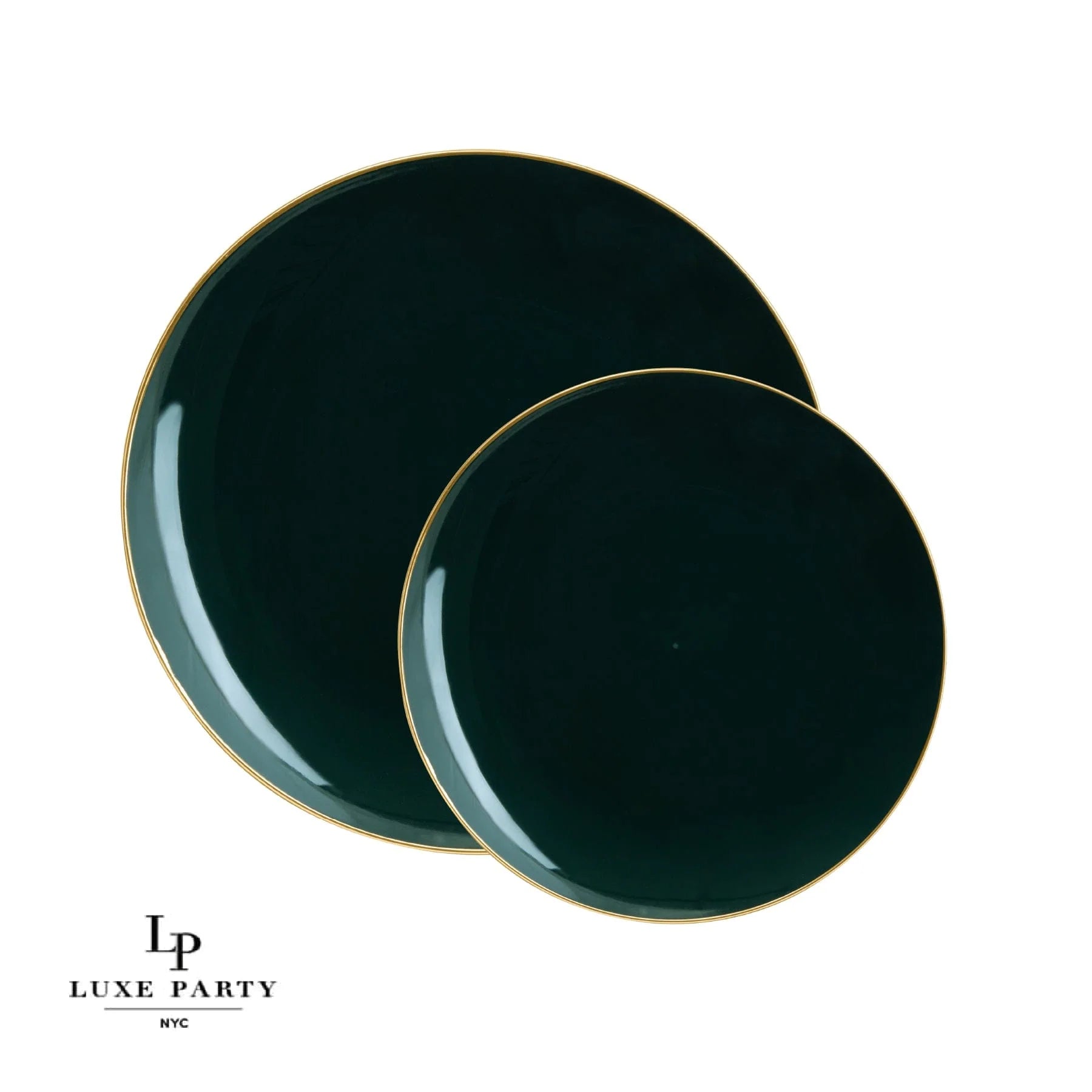 Two dark green plates with gold rims 