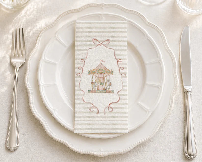 Watercolor carousel design paper napkins with pastel-colored horses and swirling patterns